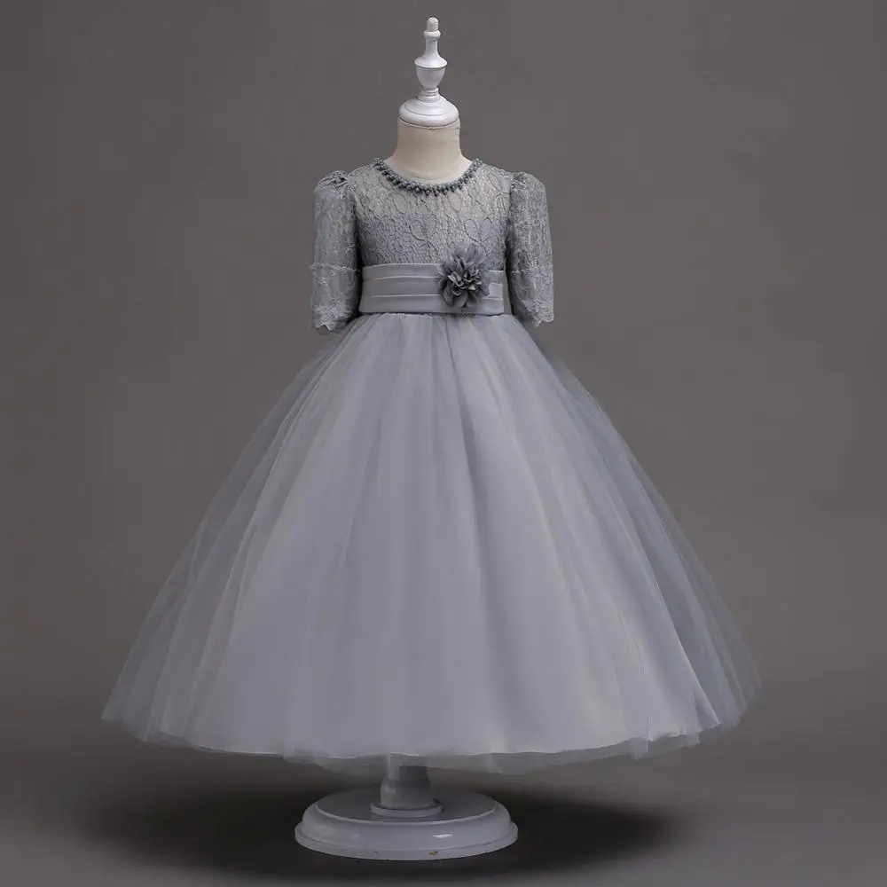 Милые белые кружевные платья с цветочным узором и короткими рукавами для девочек; коллекция года; нарядные платья для девочек с поясом; платья для первого причастия для девочек - Цвет: grey