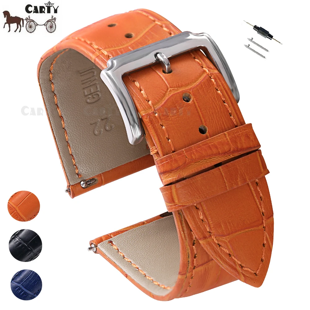 

20 22mm Genuine Cowhide Leather Watch Strap Men Women Orange Blue Black Quick Release Springbar Watchband Remove Tool for free