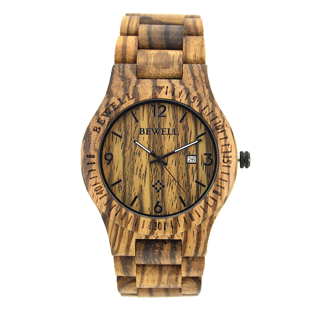 Деревянные мужские часы Неделя Дата Часы Указатель Повседневная Зебра деревянный ремешок BEWELL кварцевые часы для мужчин наручные часы Рождественский подарок 086B - Цвет: Zebra Watches