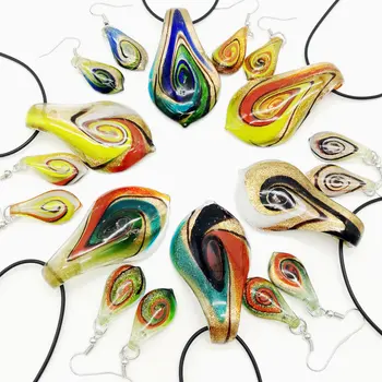 

Fashion 6'set Glass Murano Floral Leaf Shape Pendant Necklace Earrings Jewelry Set Free Shipping