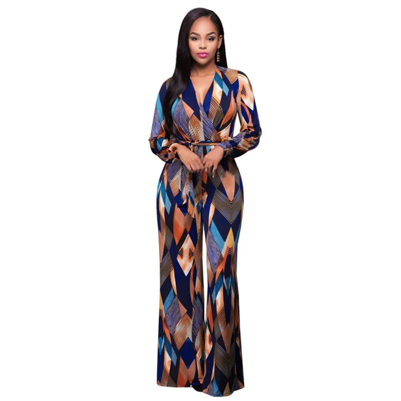 New Plus Size Long Jumpsuits For Women Print wide leg