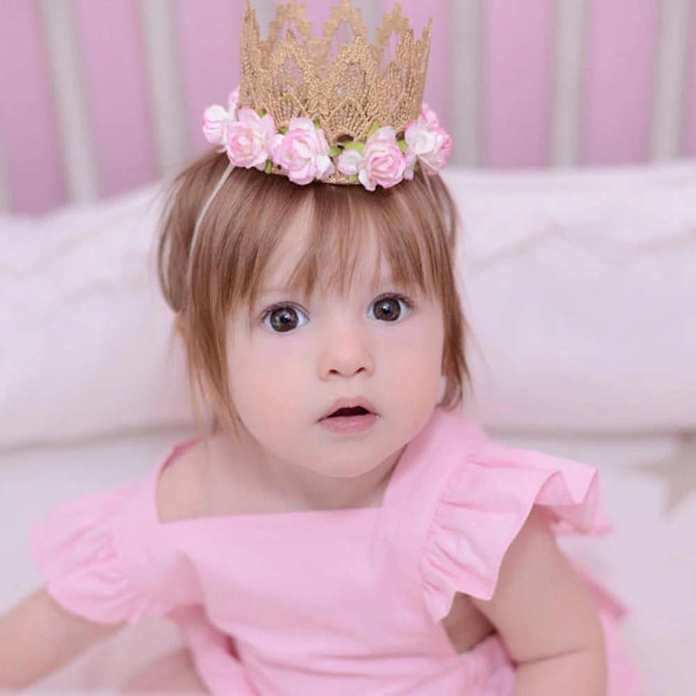 Baby Girl Tiaras with Flowers Flowers Gold Lace Crown Headband for Baby