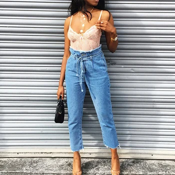 

High Waist Jeans Summer Autumn Women Drawstring Waist Ankle-Length Pants Plus Size Casual Trousers