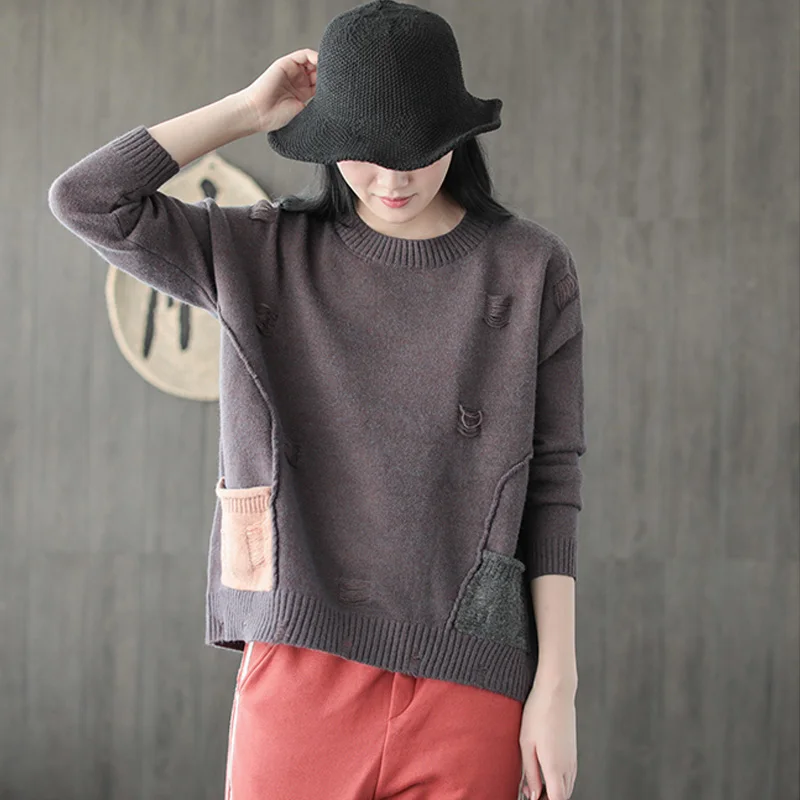 Johnature Women Autumn Pullover Sweater O-Neck Long Sleeve Patchwork 2018 Fall New Knitted Cotton Pockets 3 Color Women Sweaters Johnature Women Autumn Pullover Sweater O-Neck Long Sleeve Patchwork 2018 Fall New Knitted Cotton Pockets 3 Color Women Sweaters