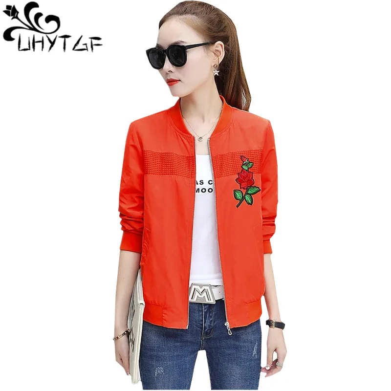 UHYTGF весна осень короткие пальто и куртки женские большие размеры куртка-бомбер женская тонкая Свободная куртка с вышивкой женская одежда 670