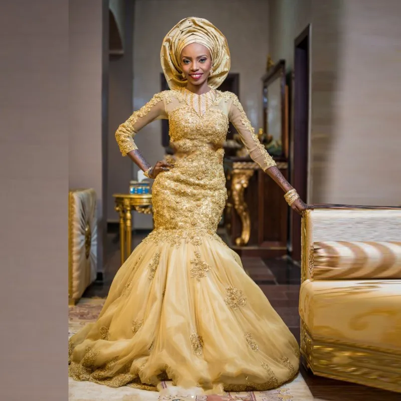 Superbe Robe De Mariée Africaine En Or Manches Longues