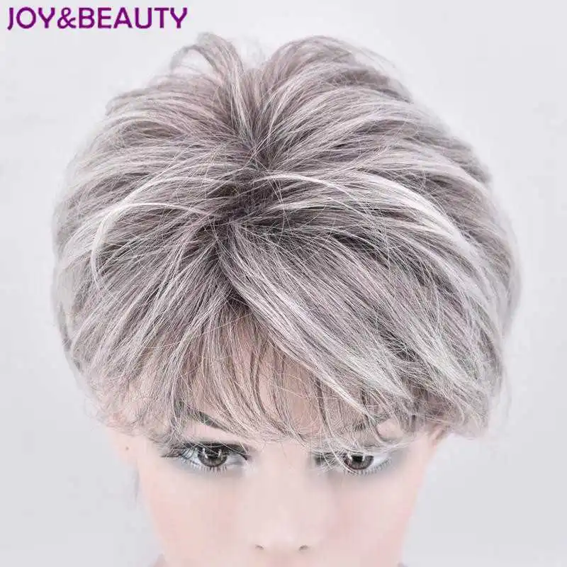 JOY& BEAUTY серый белый микс для женщин короткие прямые синтетические волосы парик высокая температура волокно полный парики
