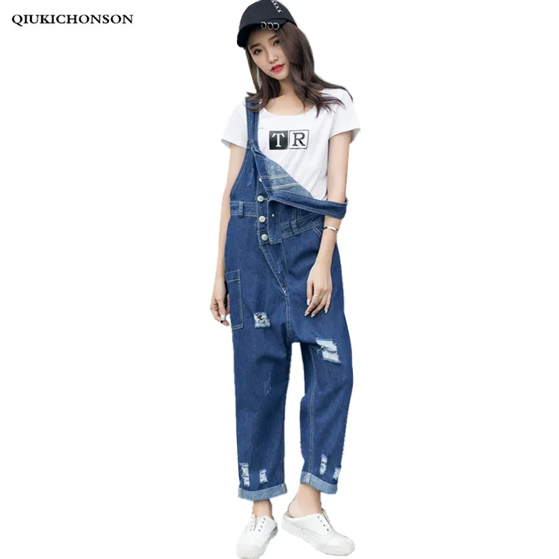 

Fashion Streetwear Women Casual Loose Harem Jeans Jumpsuit Boy Friend Style Single-breasted Front Pocket Ripped Denim Overalls