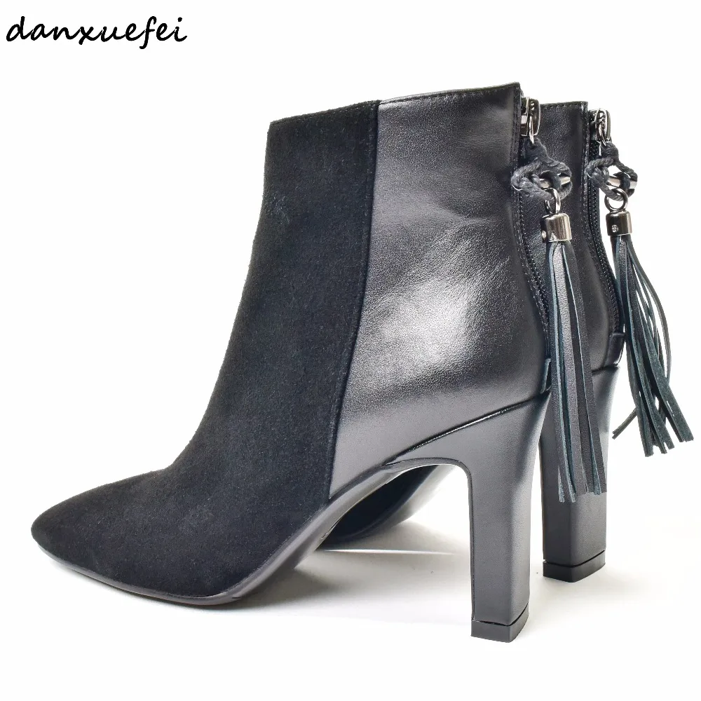 

Women's Genuine Suede Leather Patchwork Autumn Ankle Boots Brand Designer Square Toe Fringe Short Booties High Heel Shoes Women