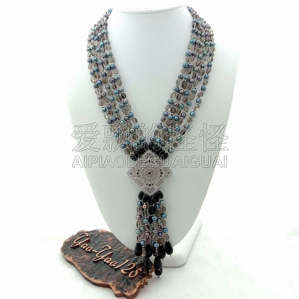 

Women's 21" 5 Rows Black Pearl Smoky Onyx Necklace CZ Pendant