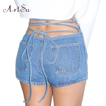 

ArtSu 2019 High Waist Jeans Women Lace Up Sexy Push Up Jeans Ladies Blue Denim Shorts Streetwear Vaqueros Mujer ASSH20054