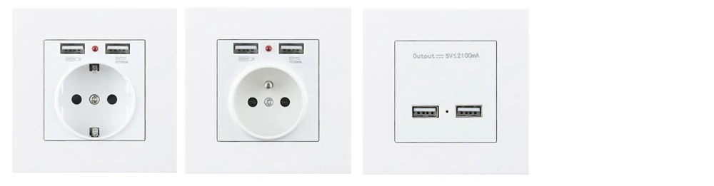 16А розетка, розетка, ЕС, Франция, стандарт, двойной USB порт, 5 В, 2.1A, настенное зарядное устройство, адаптер со светодиодным индикатором, ПК, пластиковая панель