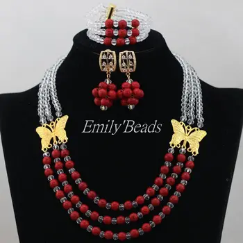 

2016 Latest Nigerian African Wedding Beads Necklace Jewelry Set Clear White Crystal Beads Mix Red Truquoise Beads Set AIJ391