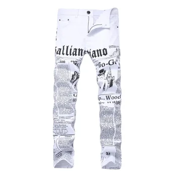 

2019 New Design Biker Jeans Men's White English Letter Print Fashion Denim Trouser High Elasticity Male Slim Pants Plus Size 42