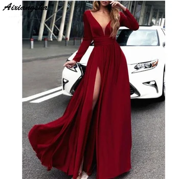 

Hot Style Evening Dress 2019 Custom Long Sleeve V Neck A Line High Quality Chiffon Floor Length Evening Gown robe de soiree