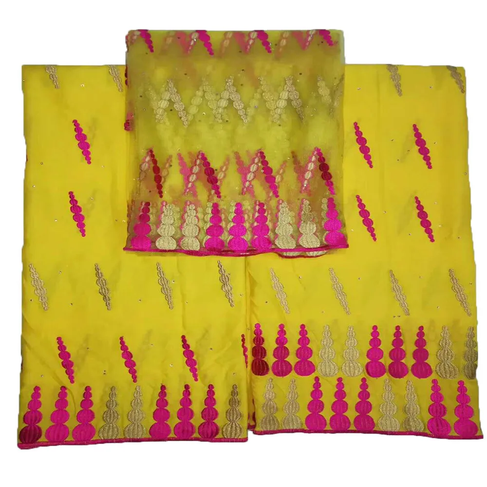 

Yellow/Pink Nigeria Fashion Party Lace 2.5+2.5+2 Yards Bazin Riche African Women Fabric With Stones L24-1