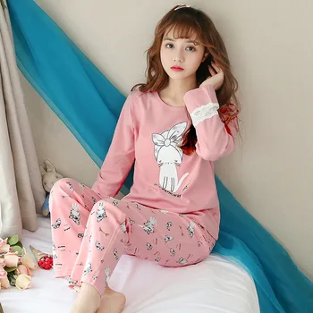 

KISBINI Autumn Women's Pajamas Set Korean Style Pink Pijama Sleepwear Long Sleeve+Pants Cotton Lady Female Homewear Pjs