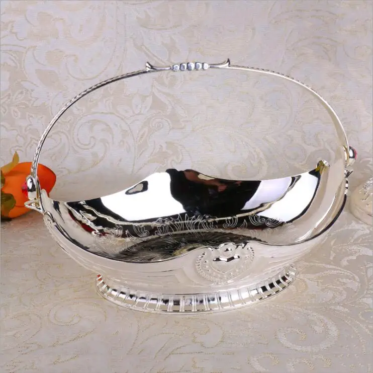 

Multifunction Metal sliver handle towel basket fruit/candy bowl serving storage trays for wedding decorative serving dishesSG025