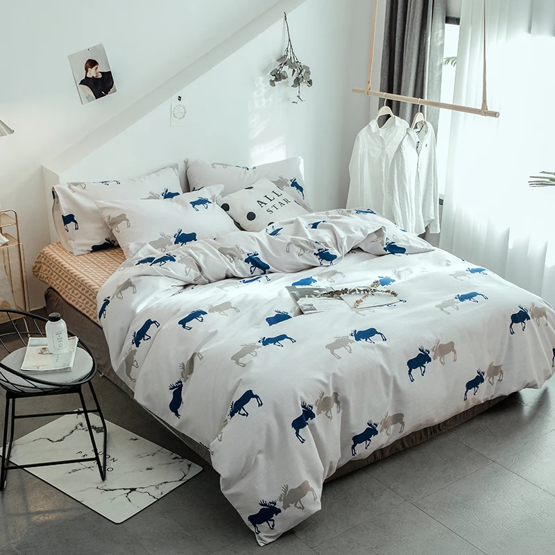 

cartoon rhinoceros print 100% sanding cotton Winter thick 4pcs duvet cover flat sheet pillowcase set bedding sets white