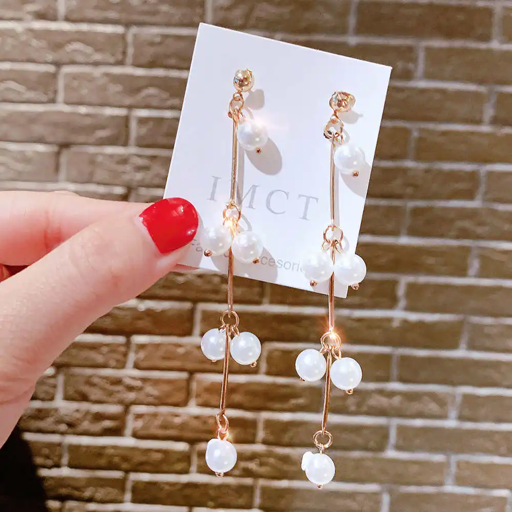 

2019 Korean Style Drop Earrings Imitation Pearl Long Dangling Earrings Golden Silver Color Wedding Party Brincos Wholesale
