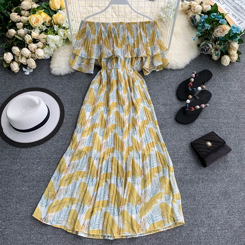 Ordifree летнее женское длинное платье с открытыми плечами с вырезом лодочкой Boho печати Макси пляжное платье-туника