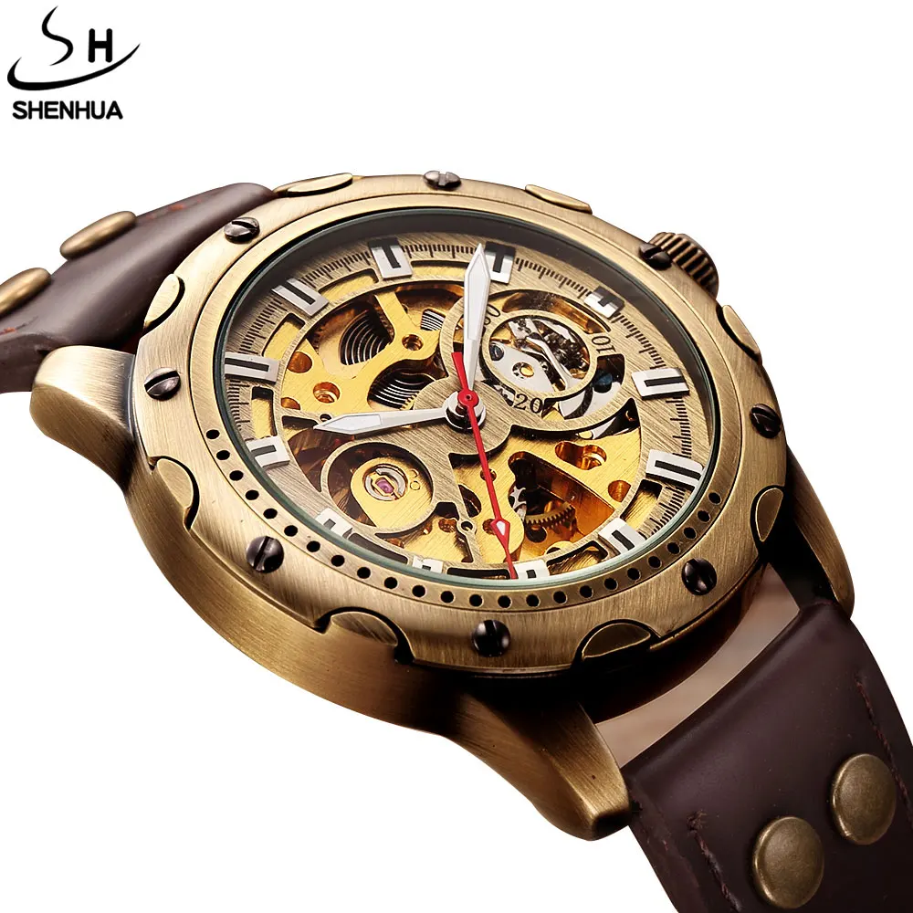 

Top Brand Self-Wind Mens Automatic Watch Mechanical Watches Mens Leather Band Skeleton Unique Bronze Dial Men WristWatches Gifts