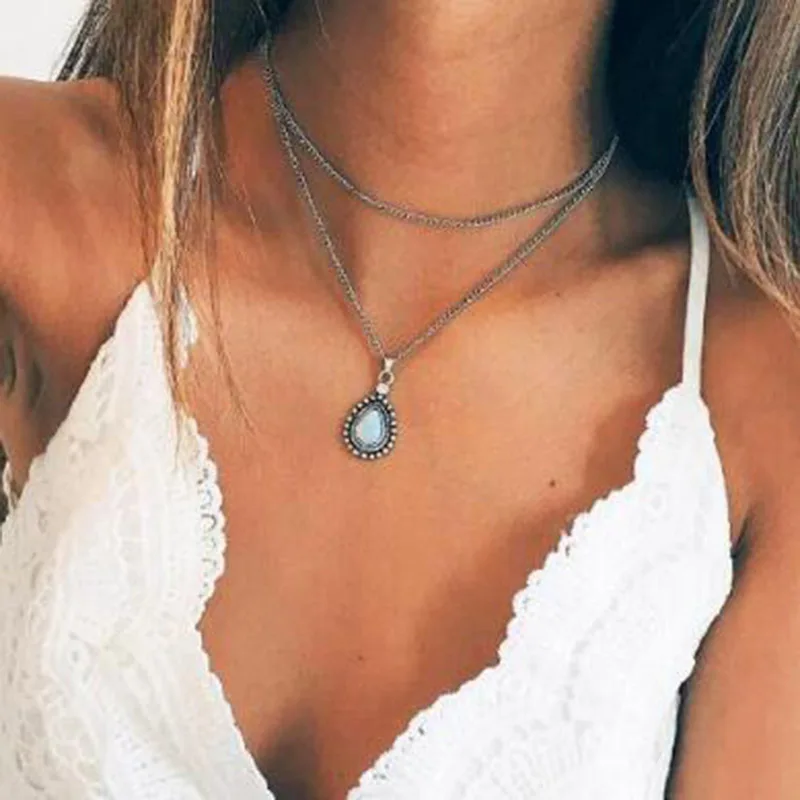 

Double Layer New Vintage Silver Color Stone Drop pendant necklace for women Water drop Ethnic Punk Necklace girl jewelry X184