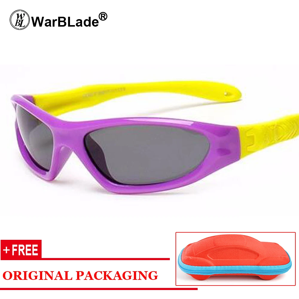 Солнцезащитные очки WarBLade для детей, яркие цвета, гибкие резиновые поляризационные солнцезащитные очки для мальчиков и девочек, безопасные качественные очки Oculos с чехлом - Цвет линз: purple yellow