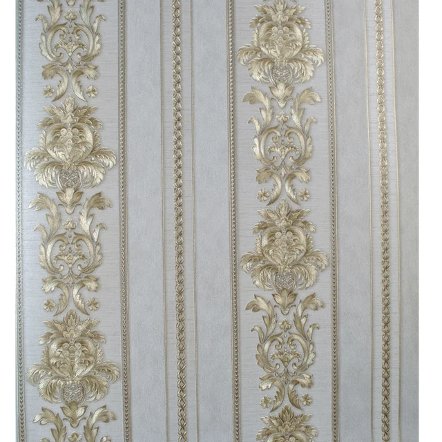 Beigegrey Gold Textured Luxury Classic 3D Damask Wallpaper Bedroom