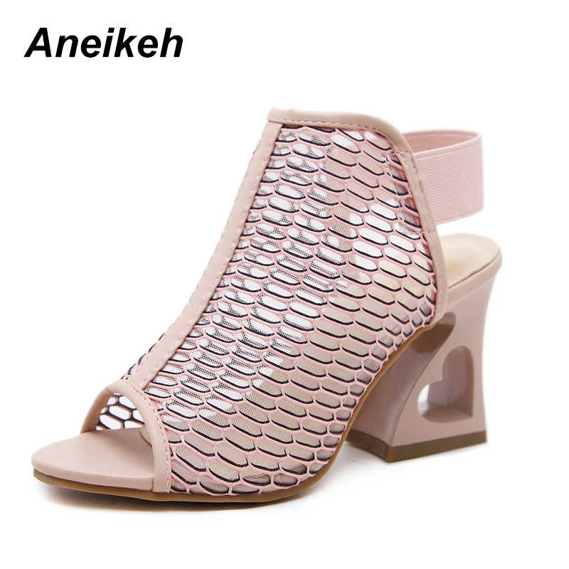 

Aneikeh 2019 Leisure PU Square High Heels Sandals Boots Shoes Women Open Peep Toe Summer Ankle Boots Hollow Out Black Pink 35-40