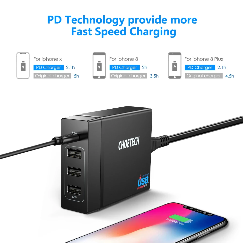 CHOETECH 72W 4 Port USB Type C Desktop Charger Station with Power Delivery For iPhone X 8 Plus MacBook Pro Mobile Phone Charger