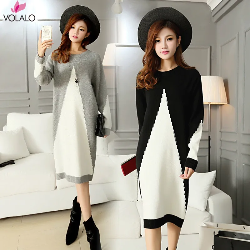 

Women Patchwork Long Sleeve Casual Midi Dress Female Elegant Knit Plain Pullover Sweater Dress Spring Autumn Winter Vestidos