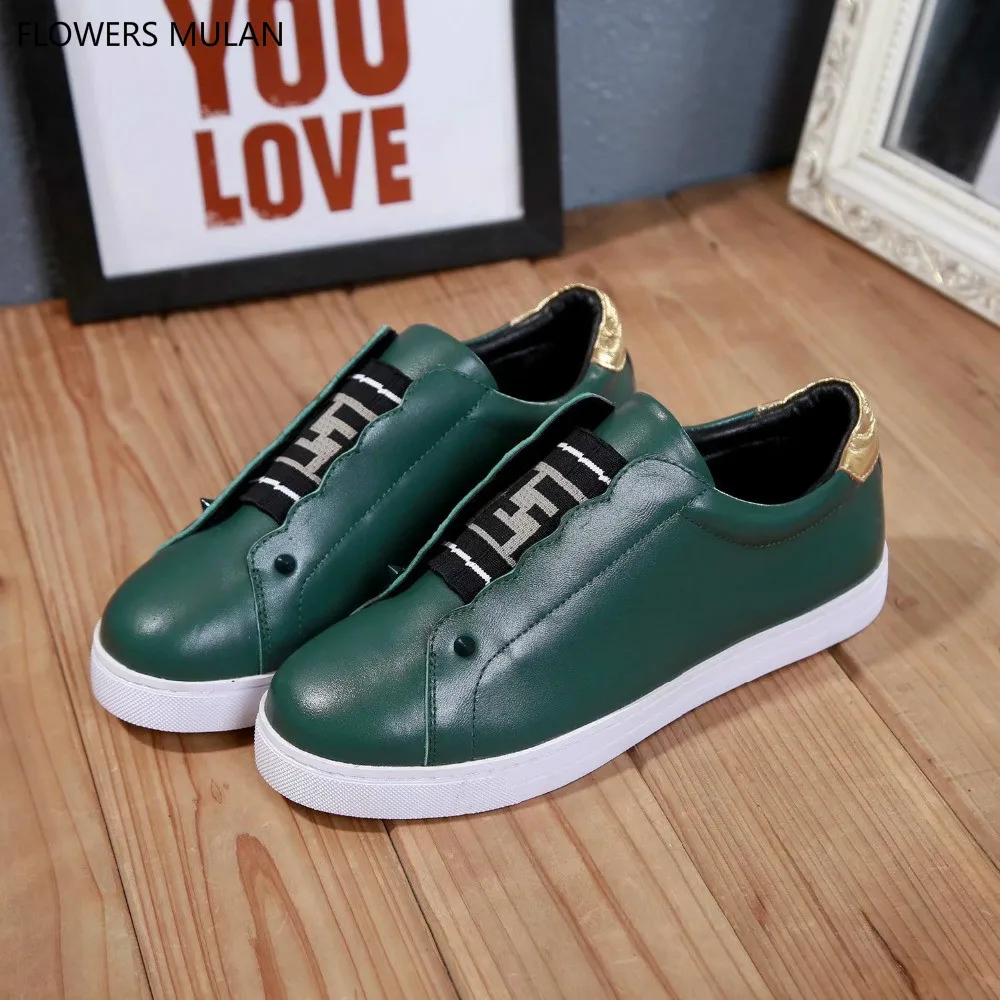 

New 2018 Famous Brand Designers Black White ArmyGreen Women Soft Flat Rubber Heel Sneakers Round Toe Patchwork Slip On Shoes