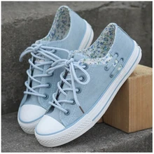 spring summer Adult women Vulcanized canvas shoe lace up women print flower casual shoes sky blue