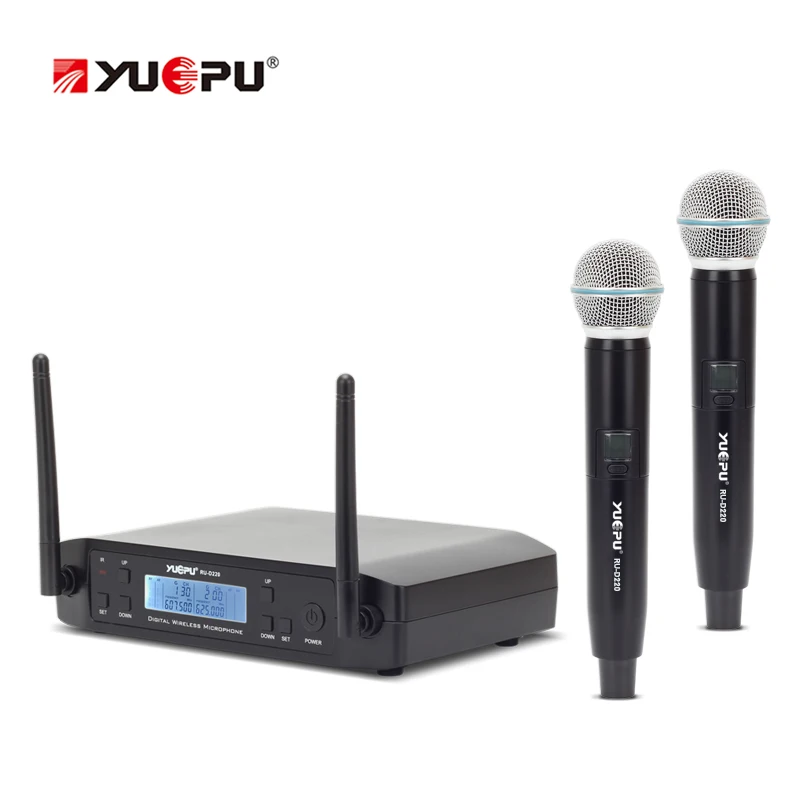 

YUEPU RU-D220 UHF Microphone Wireless Professional 2 Channel Frequency Adjustable Cordless Perfect For Church Karaoke Club Use