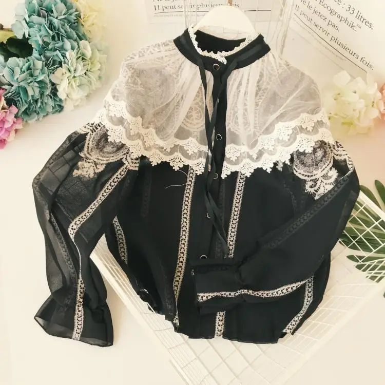 

Spring New Ladies Fashion Chiffon Lace Stitching Stand Lace-up Collar Long Sleeve Stitching Blouse Shirts Female Loose Hook Suit