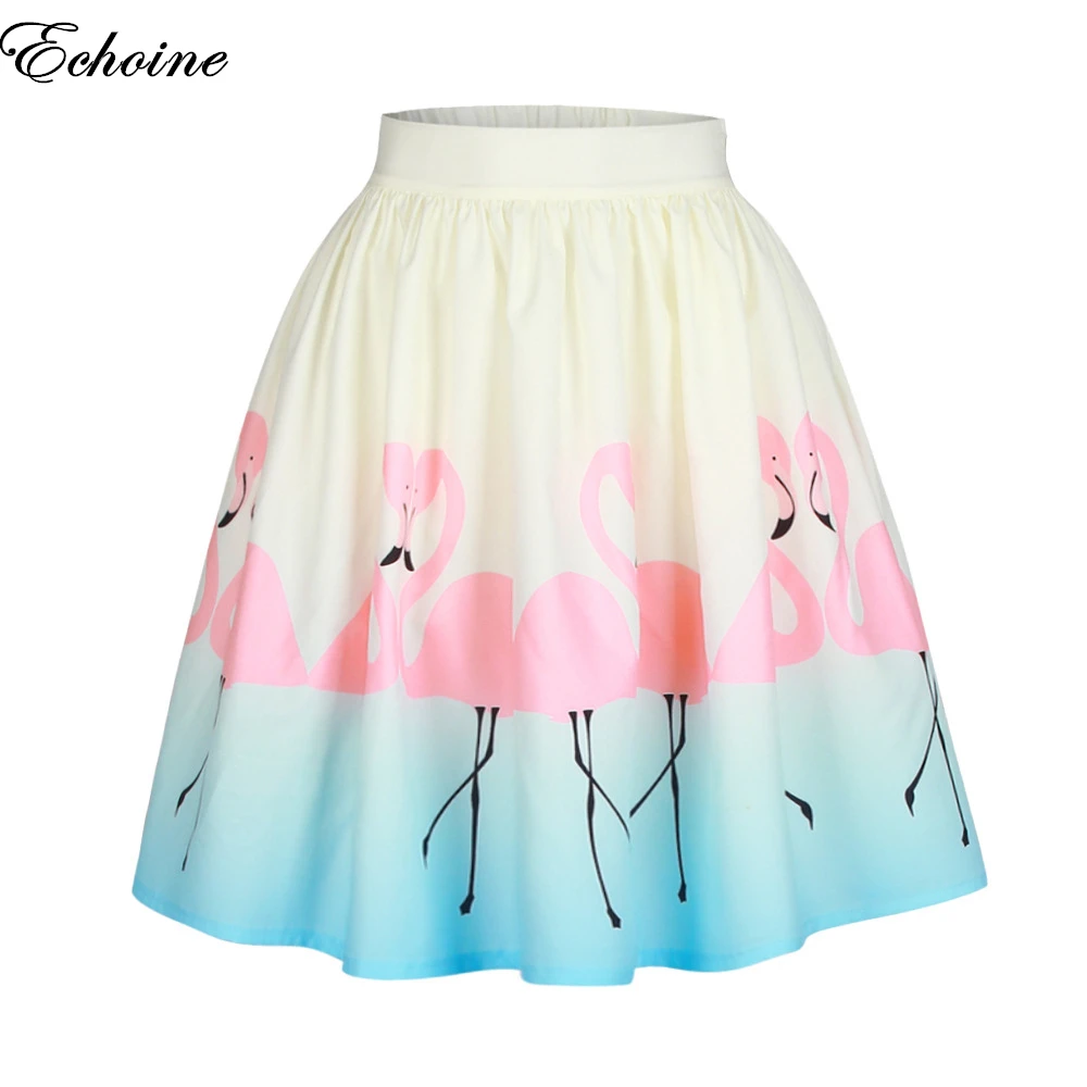 Echoine Summer Women Flamingo Printed Pleated Skirt Knee Length Ball