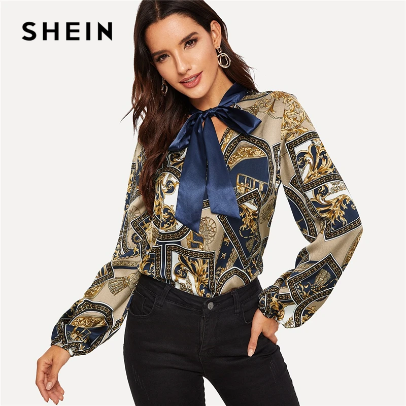 

SHEIN Multicolor Tie Neck Scarf Print Satin Blouse Women 2019 Casual Clothing Spring Stand Collar Long Sleeve Workwear Blouses