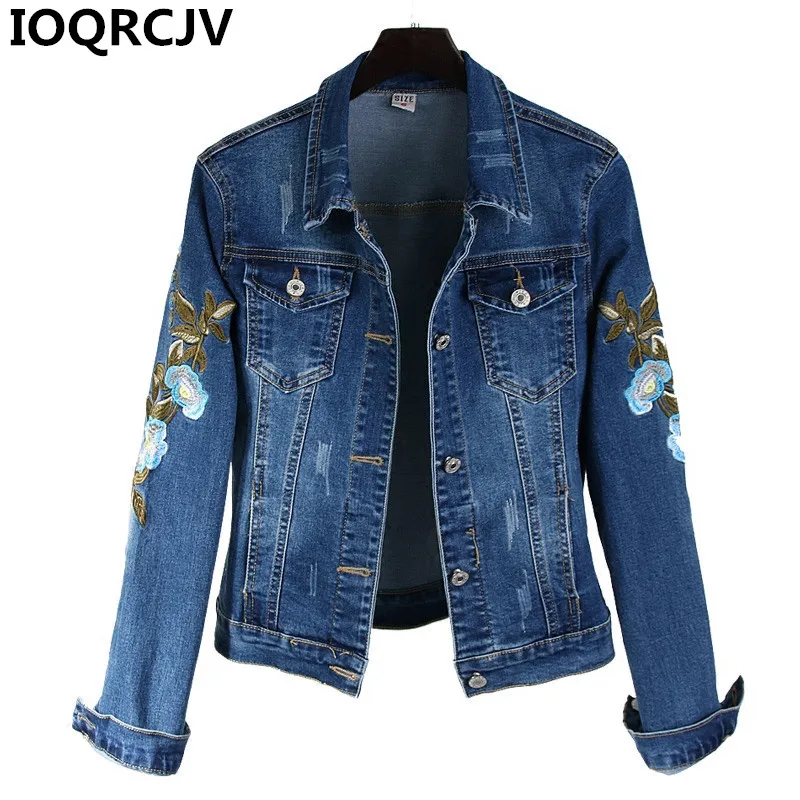 2019 Spring Autumn Women Flower Embroidered Denim Jackets Ladies Vintage Jeans Jacket Long Sleeve Casual Outerwear Plus Size 2XL | Женская