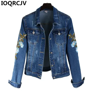 

2019 Spring Autumn Women Flower Embroidered Denim Jackets Ladies Vintage Jeans Jacket Long Sleeve Casual Outerwear Plus Size 2XL