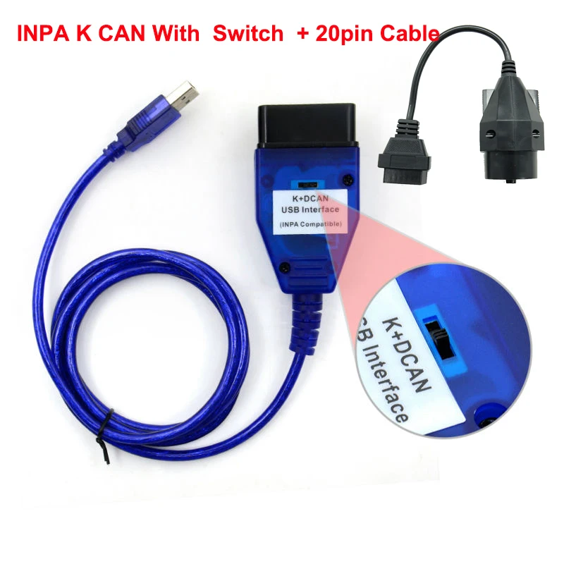 INPA K CAN с чипом FT232RL с переключателем INPA K DCAN USB интерфейсный кабель с 20PIN кабелем для BMW - Цвет: Blue Switch 20pin