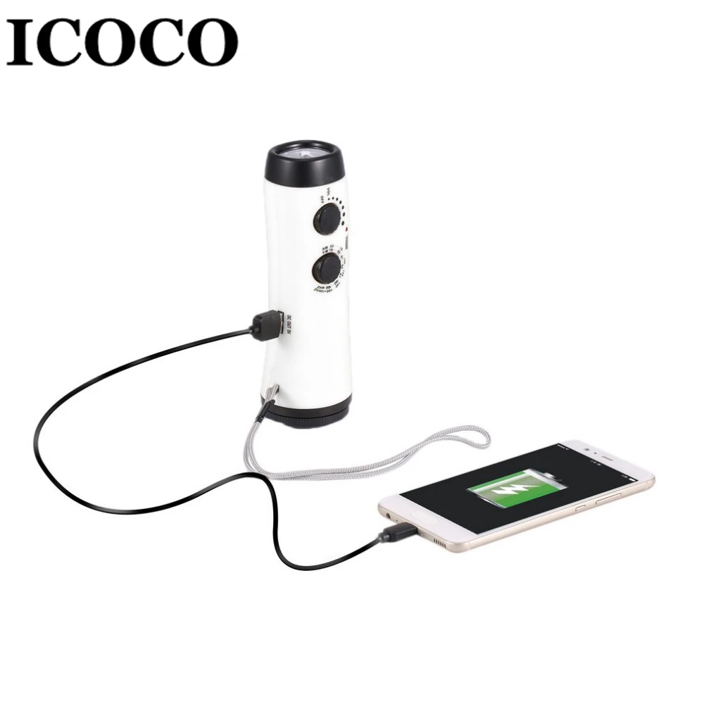 

ICOCO USB Rechargeable 5 LEDs Multi-functional Dynamo Flashlight AM/FM Radio Power Bank Emergency Siren Bright for Outdoor