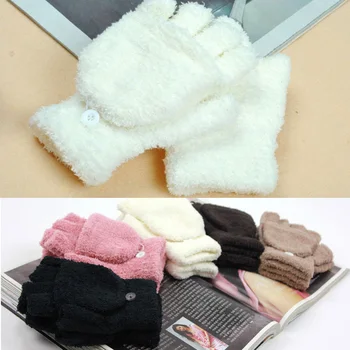 

Refers To Flip Warm Feather Velvet Gloves Mittens Fashion Selling Winter Lovely Multi-Function Half Gloves-0005