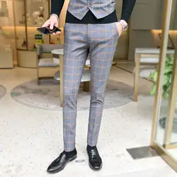 Мужские брюки/мужские высококачественные хлопковые клетчатые легкий деловой костюм брюки/мужские высококачественные повседневные