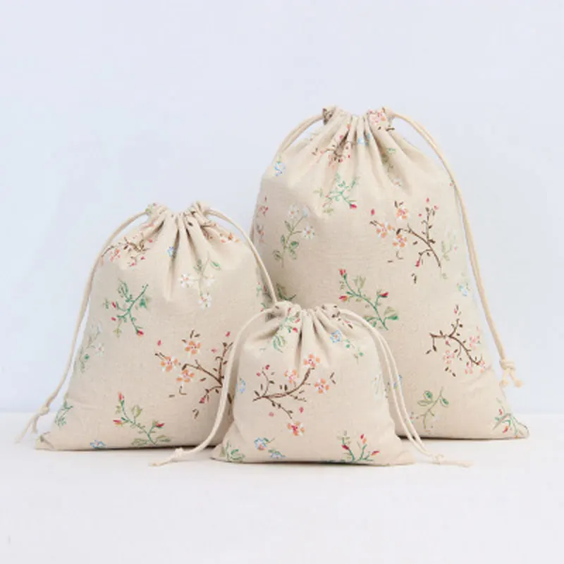 Branch flowers New Cotton Linen Gift Bag Travel Drawstring Storage Bags