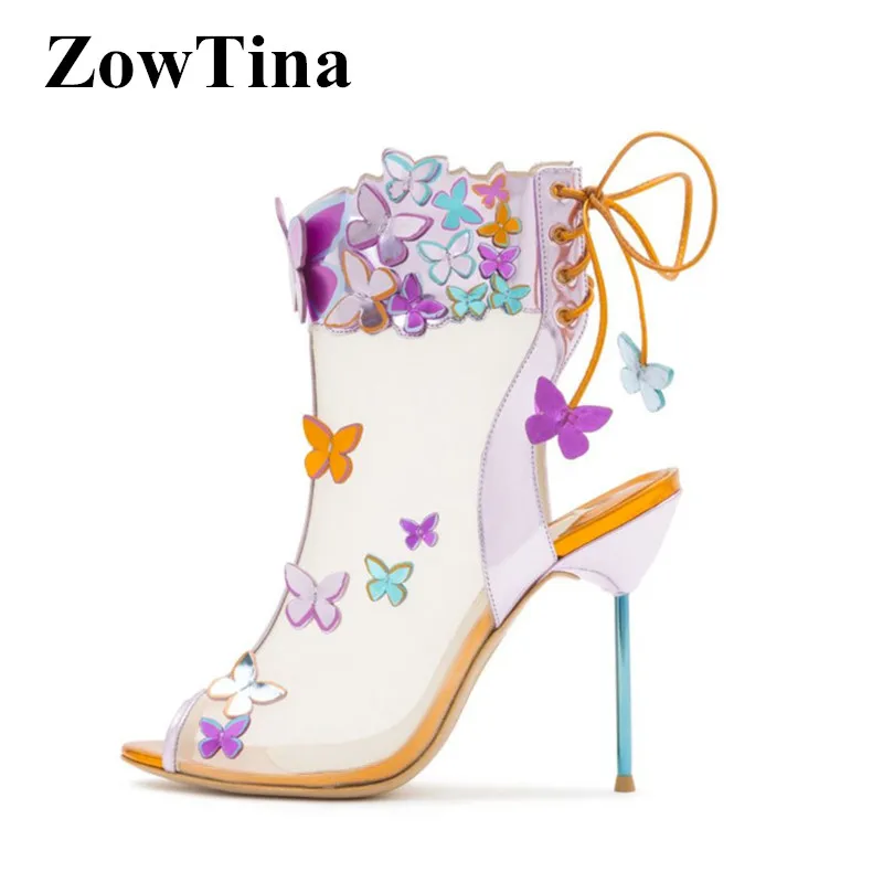 

Women Summer Ankle Bootie Mesh Botas Embellished with 3D Butterflies Thin High Heels Cross Tied Sandalias Zapatillas Chaussures