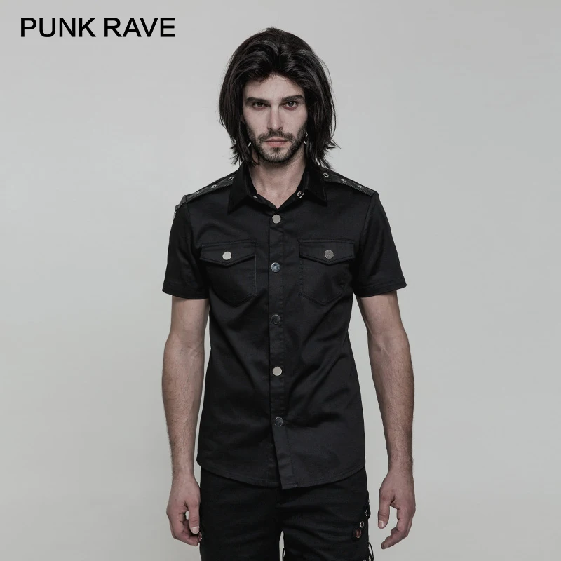 

PUNK RAVE Punk Minimalist Glossy Metal Buttons Double Pockets Short Sleeve Fitted Men Blouse Elastic Twill Fabric Black Shirts
