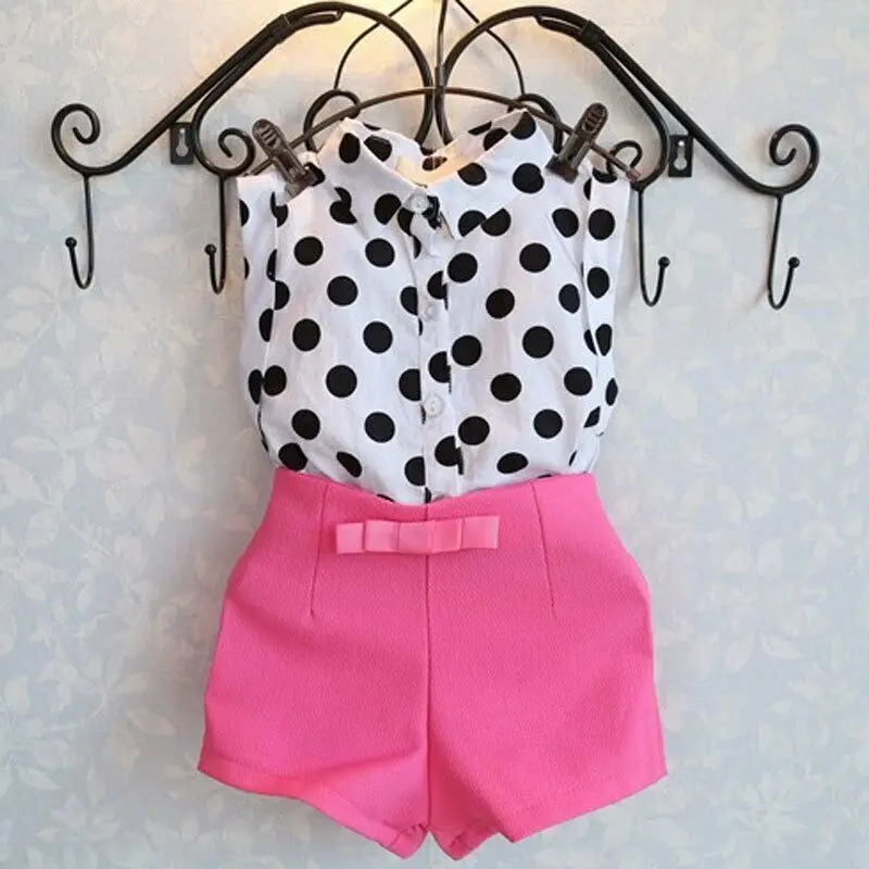 

Summer Fashion Girls Baby Kids Black & White Polka Dot Shirt Tops Pink Bow Short Pants Shorts Outfit 2pcs Set 1-6 Years