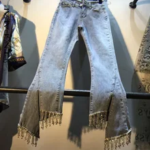 SHENGPALAE/ весенние европейские модные джинсы с раздельными кисточками и бриллиантами, жемчугом, высокой талией, девять частей, расклешенные джинсовые штаны FN753