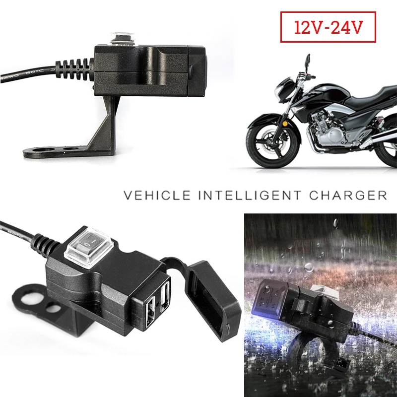 Черный мотоцикл зарядное устройство на руль USB разъем Переключатель крепления водонепроницаемый 12-24 В